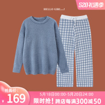 Soft Mianian pyjamas woman autumn and winter thickened half floss thread knitted coral suede sweet and beautiful plaid can be worn outside the home clothes