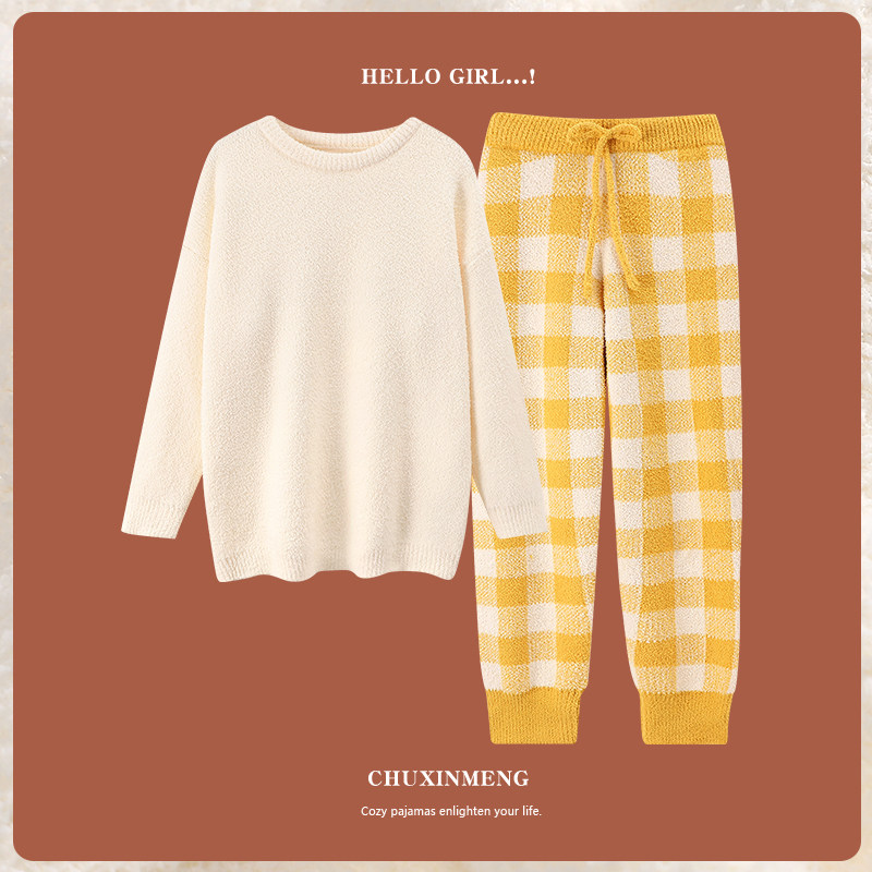 Japanese soft pajamas women autumn and winter coral wool thicker sweater cute grid suit outfitted home suit