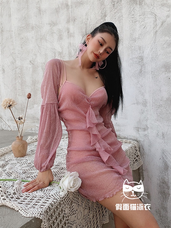 Chụp ảnh suối nước nóng màu hồng đeo mặt nạ mèo trong gió áo tắm nữ một mảnh sexy nàng tiên Fan Gangto tập hợp đồ bơi đi nghỉ - Bộ đồ bơi One Piece