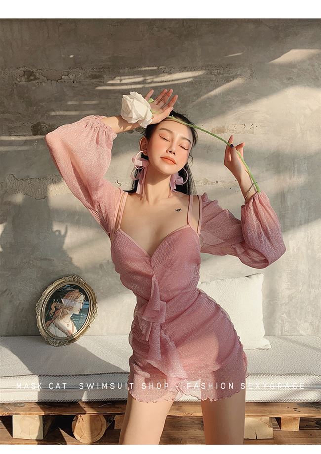 Chụp ảnh suối nước nóng màu hồng đeo mặt nạ mèo trong gió áo tắm nữ một mảnh sexy nàng tiên Fan Gangto tập hợp đồ bơi đi nghỉ - Bộ đồ bơi One Piece