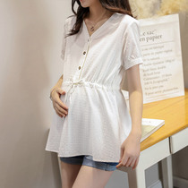 Maternity shirt 2021 summer new short sleeve long top fashion foreign style large size loose cotton shirt