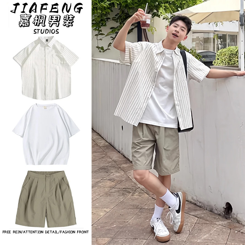 American-Style Boyfriend-Style Striped Short-Sleeved Shirt, Cityboy Summer Versatile Casual Shirt and Shorts Set American-Style Boyfriend-Style Striped Short-Sleeved Shirt, Cityboy Summer Versatile Casual Shirt and Shorts Set