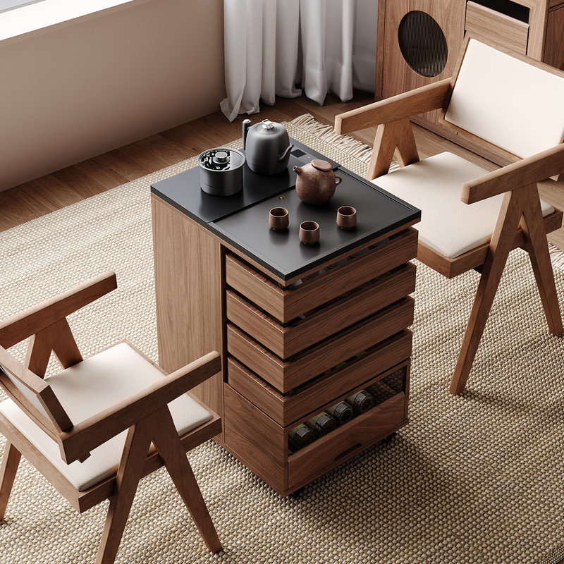 Movable Tea Table, Solid Wood Tea Table with Drawers, Rotatable Tea Set Storage, Tea Cabinet, Balcony Tea Table, Small Tea Cart Movable Tea Table, Solid Wood Tea Table with Drawers, Rotatable Tea Set Storage, Tea Cabinet, Balcony Tea Table, Small Tea Cart