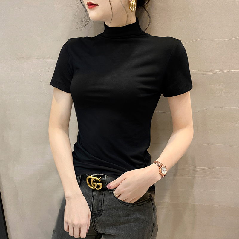 Black Modal Short-Sleeved T-Shirt for Women 2026 Spring and Summer New Style Slim-Fitting Half-High Collar Bottoming Shirt Tight-Fitting Shirt Top