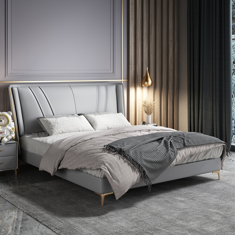 Italian Light Luxury Leather Bed Double Bed Modern Minima Small Household Genuine Leather Bed Master Bedroom Large Bed Storage Soft-covered Wedding Bed