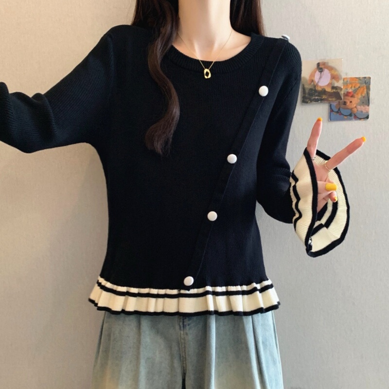 Black Long-Sleeved Knitted Bottoming Shirt for Women 2026 Autumn and Winter Plus Size Plus Size Slimming Design French Ruffle Top