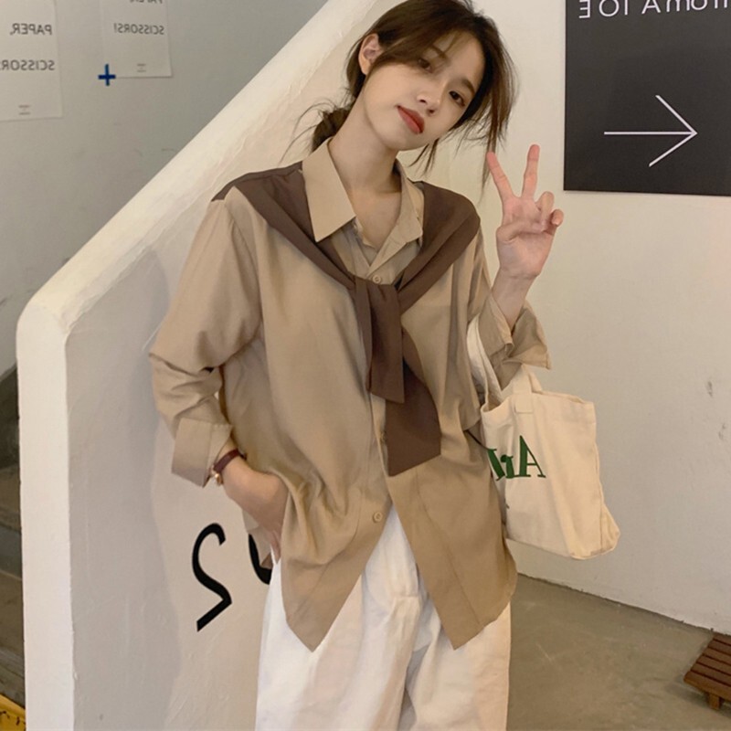 Chic Fake Two-Piece Long-Sleeve Shirt for Women, Autumn Fashion, Plus Size, Slimming, Tummy-Covering, Retro Hong Kong Style Shawl Top