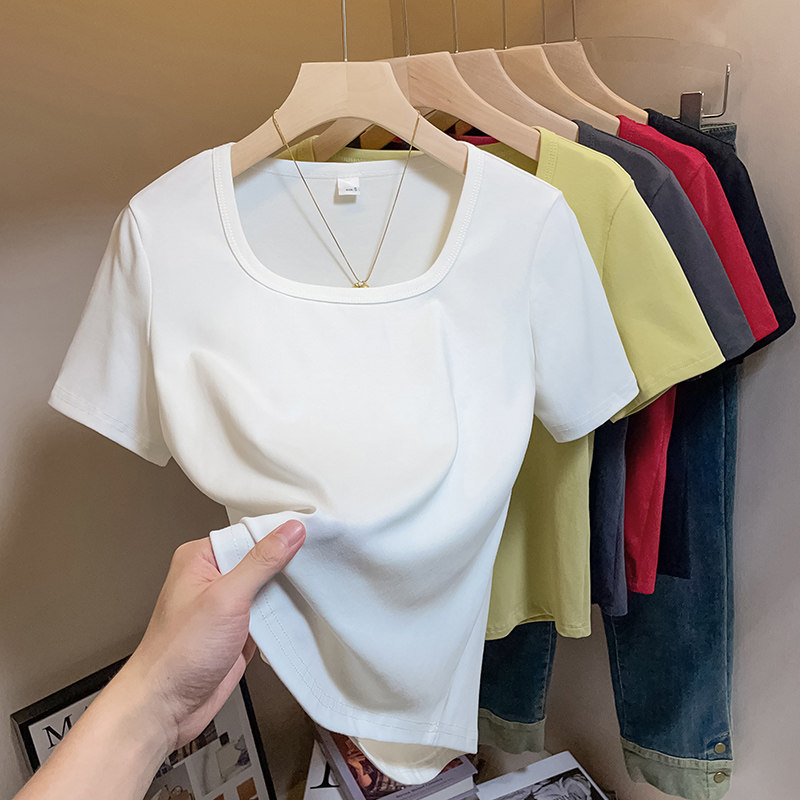 正肩t恤大码女装夏短袖法式胖mm遮肚显瘦欧货方领U领打底藏肉上衣