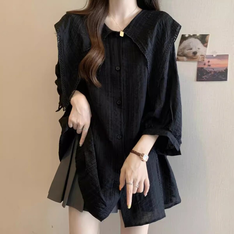 Stylish Black Shirt with Three-Quarter Sleeves for Women, Early Autumn Plus Size, Flattering for Curvy Figures, Lantern Sleeves, Sailor Collar Top Stylish Black Shirt with Three-Quarter Sleeves for Women, Early Autumn Plus Size, Flattering for Curvy Figures, Lantern Sleeves, Sailor Collar Top