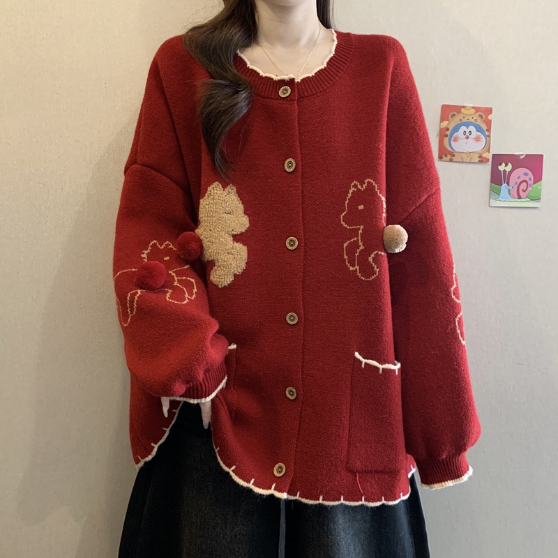 Christmas and New Year Red Three-Dimensional Pony Jacquard Sweater Coat Winter New Plus-Size Women's Knit Cardigan for Plus-Size Women