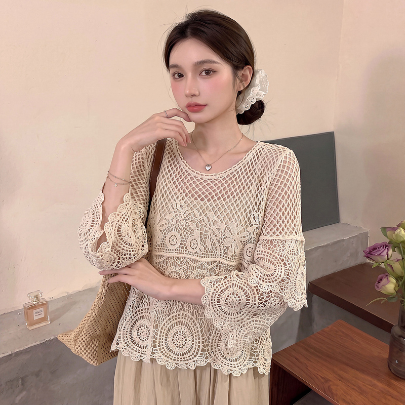 Bohemian Style Crochet Hollow Lace Shirt for Women 2026 Autumn Plus Size Long Sleeve Sun Protection Cover-Up Outerwear Top Bohemian Style Crochet Hollow Lace Shirt for Women 2026 Autumn Plus Size Long Sleeve Sun Protection Cover-Up Outerwear Top