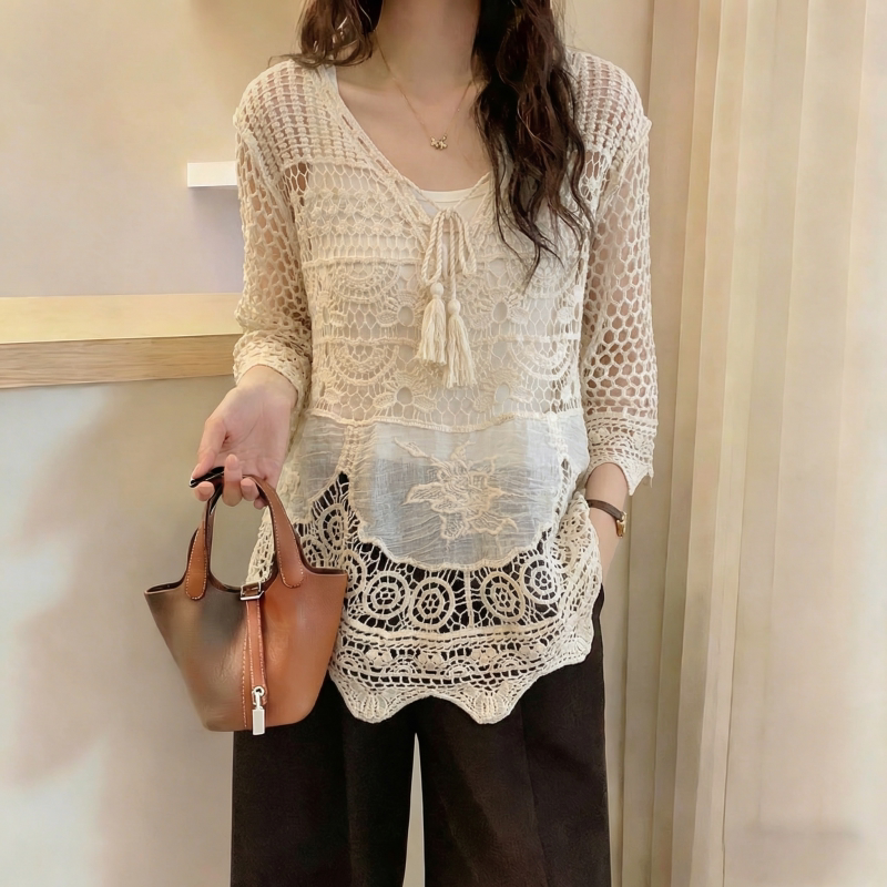 Bohemian Style Lace Crochet Hollow-Out Knit Top for Women, 2026 Autumn and Summer New Style, Suitable for Slightly Plump Women, Outerwear Blouse