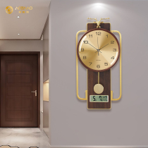 New Chinese lunar calendar hanging bell sitting room hanging wall decorated copper timepiece home mute solid wood quartz clock light extravagant clock