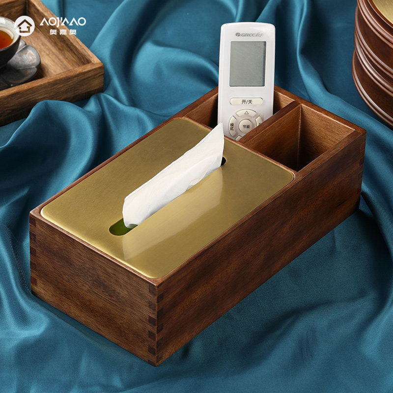 Walnut solid wood brass tissue box new Chinese style home living room drawer box coffee table multi-function remote control storage box
