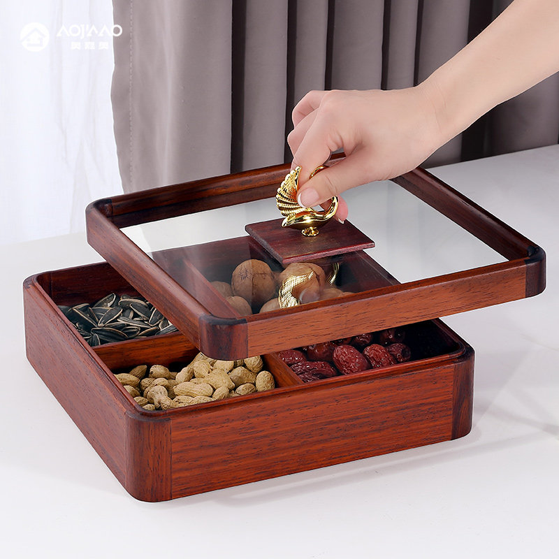 Solid wood fruit box New Chinese fruit tray Living room Candy Box Home Divided with lid Nut Tray Dried Fruit Snack containing box