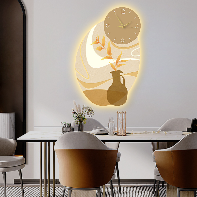 Nordic restaurant decoration painting with clock dining room hanging painting creative luminous lamp painting dining table wall clock wall decoration mural