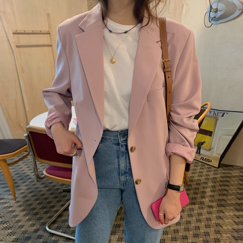 Pink casual suit jacket female small Korean version loose design small spring and autumn drape suit top