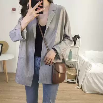 Small blazer women's autumn thin Korean version of loose bf style casual long striped lapel collar suit coat tide