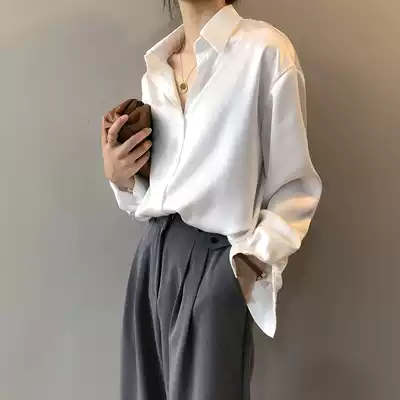 Gangfeng white shirt ladies design sense niche long sleeve triacetate Joker silk satin fabric Korean loose shirt