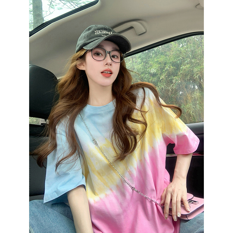 American-Style Tie-Dye Short-Sleeve T-Shirt for Women, 2026 New Summer Color Gradient Trendy Brand Loose Design European-Style Top