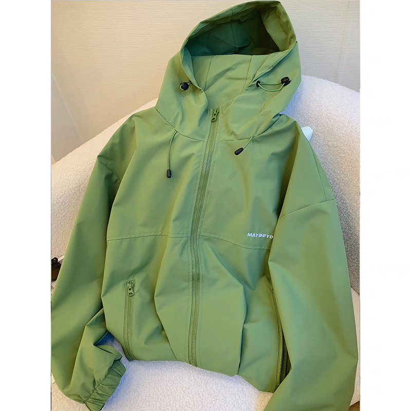 Green Workwear Hooded Short Jacket for Women, Spring and Autumn, American Retro Design, Niche Style, Petite Loose Top, Trendy