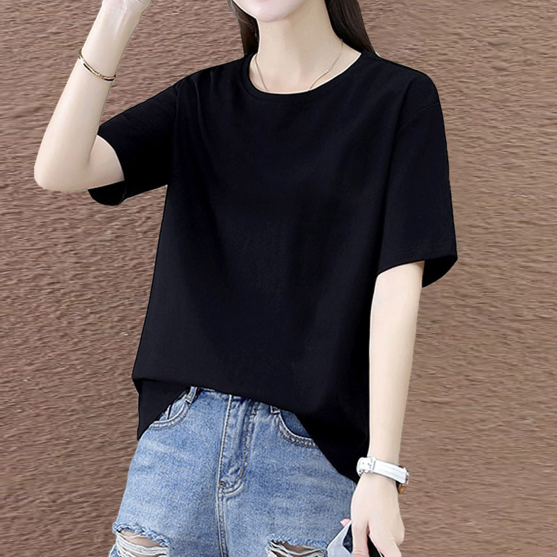 Solid Color Short-Sleeve T-Shirt for Women, Summer 2026 New Style, Black Versatile Pure Cotton Round Neck Loose Plus-Size Top