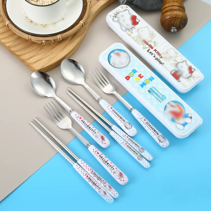 Hello kitty, столовые приборы из нержавеющей стали, дорожная коробка, ложка, детский вилка, набор