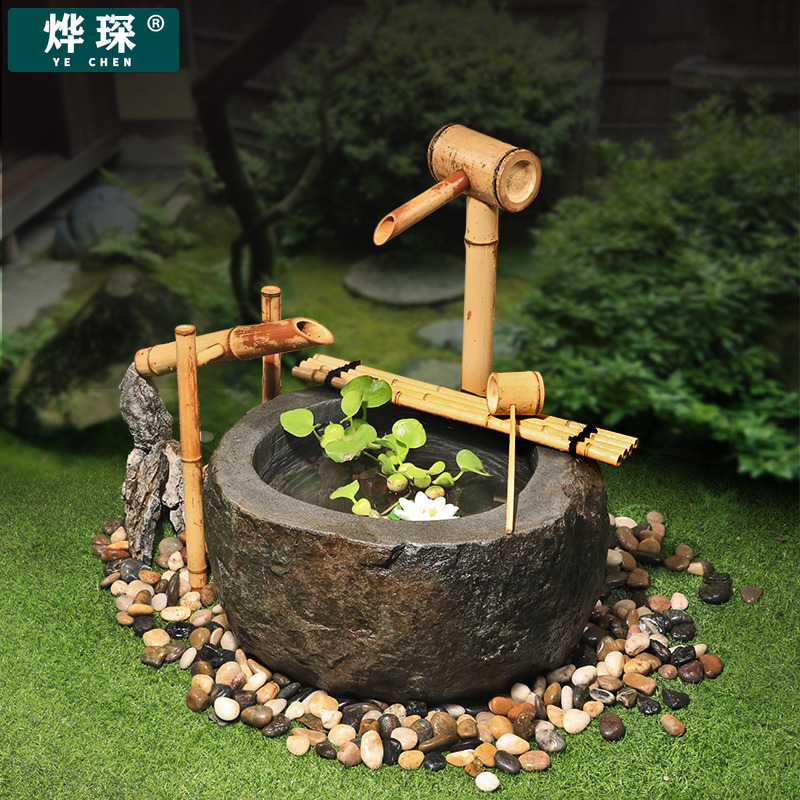 Japanese style courtyard powder flowing outdoor pool villa garden Chinese black sink Zen natural stone scenery