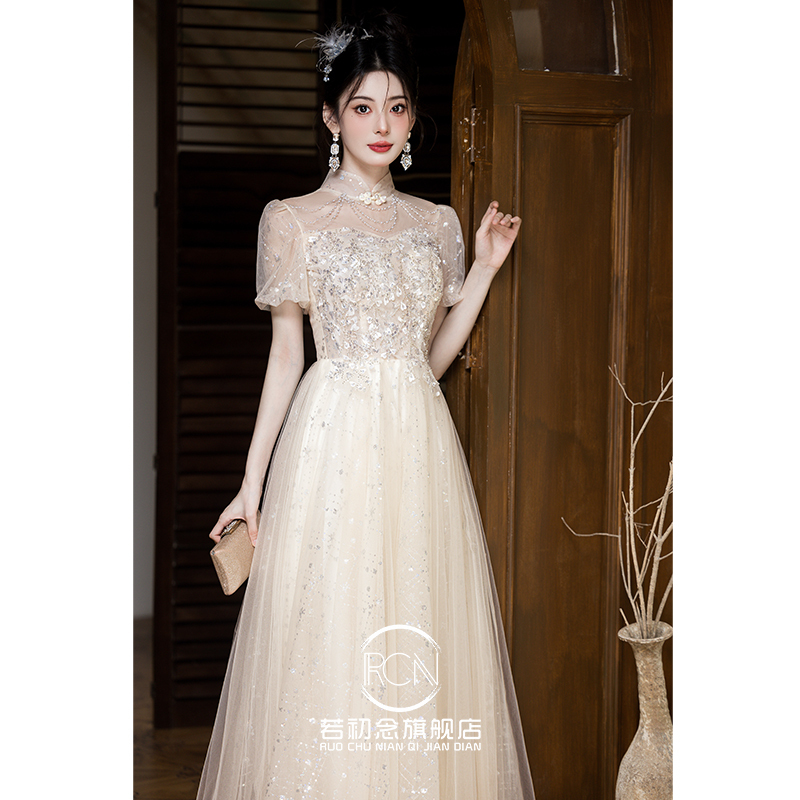 New Chinese-Style Qipao Evening Dress for Annual Meetings, High-End Host Attire for Birthday Celebrations, Adult Ceremonies, Vocal Performances, Engagement, and Toasting, with a Sense of Sophistication