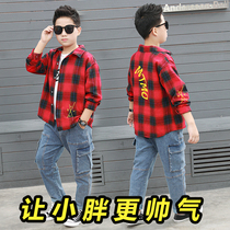 Fat boy Gats up 2022 new spring and autumn big code loose plaid shirt jeans suit 15 Korean version of the tide