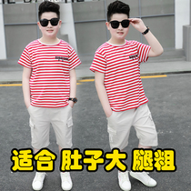 Fat Boy Short Sleeve Suit Plus Fattening Up 2022 Summer Clothing T-shirt Pure Cotton 12 Great Boy 15 Year Old Big Code Two Sets