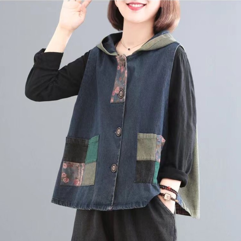 Clearance Sale at Department Stores: Retro Plus-Size Women's Vest with Patchwork Hooded Denim Waistcoat, Casual Thin Vest