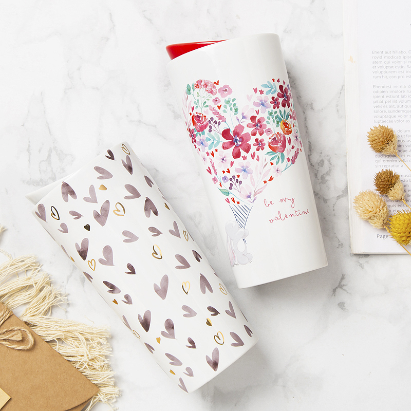 Love House Green Double-layer with hand cup ceramic cover heart printing Mark Cup American small fresh ceramic cup