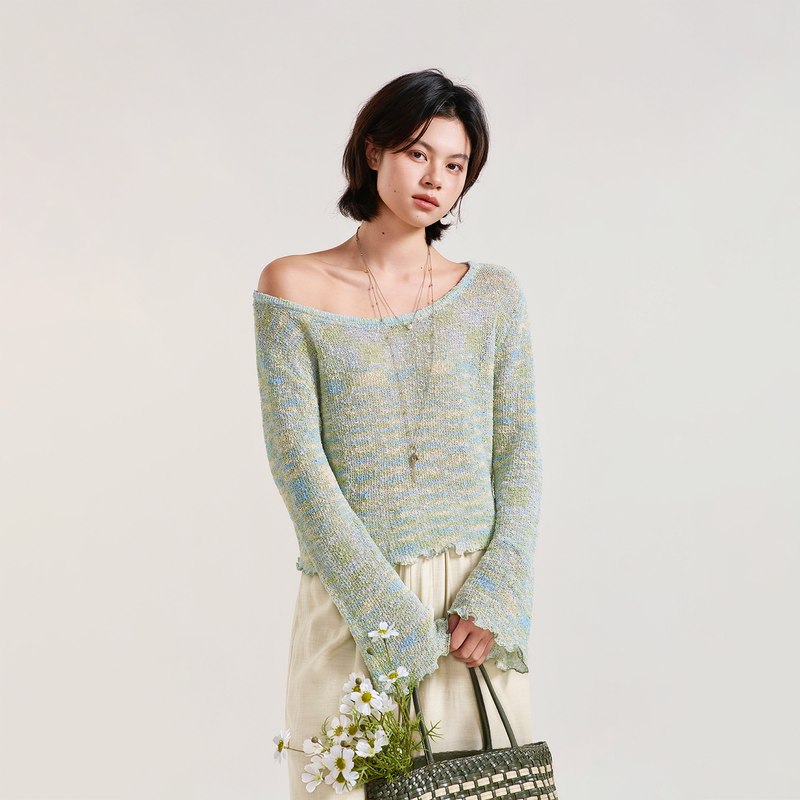 Romantic Oil Painting-Style Knitted Long-Sleeve Sweater with Intricate Stitching, Hollow Texture Bell Sleeves, Large Round Neck/One-Shoulder Design