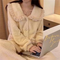 Pyjama à col de poupée en velours corail pour femmes en automne et en hiver épaissi et portable ensemble de vêtements de maison en velours en peluche de style princesse doux