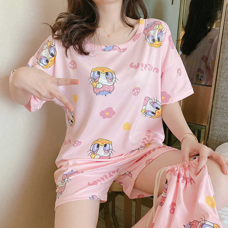 Pajamas women's summer short-sleeved shorts bag three-piece suit Mickey cute student Korean version of thin sweet home clothes