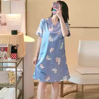 Pajamas women's summer thin ice silk summer fat mm spring and autumn very fairy long version princess style cute cartoon nightgown women