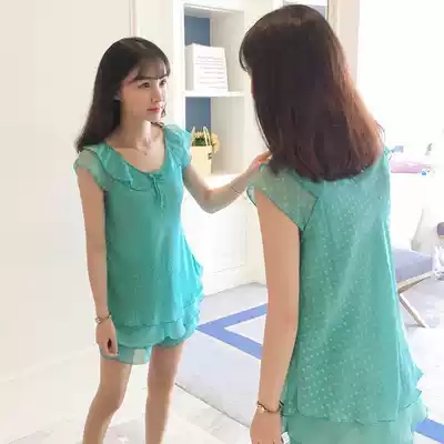 Pajamas female summer sexy chiffon Ice Silk short sleeve two-piece suit vest Korean fresh student female home wear