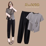 Футболка, летний вместительный и большой модный комплект, большой размер, высокая талия