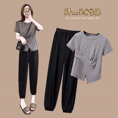 Футболка, летний вместительный и большой модный комплект, большой размер, высокая талия