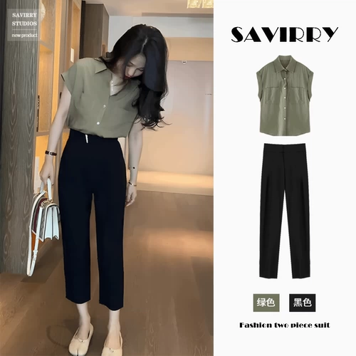 Рубашка, летний комплект, штаны, в стиле Шанель, большой размер, высокая талия, свободный прямой крой