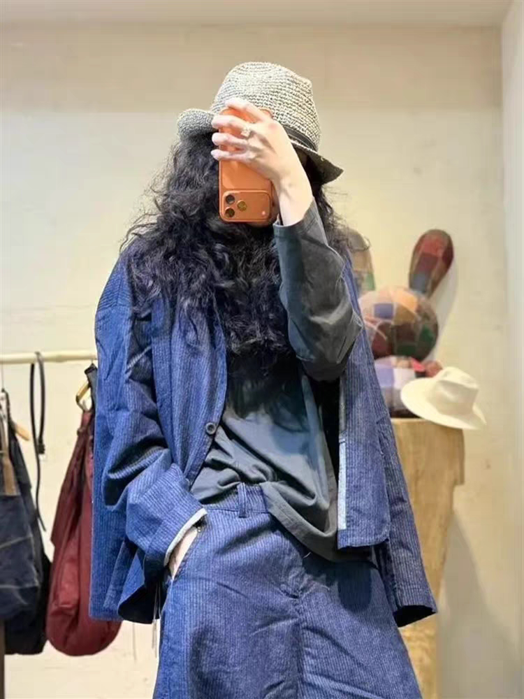 2026 Spring clothing Herding Clear Gaopin Yarn dyed weaving flax Dark streaks suit loose coat 26131A