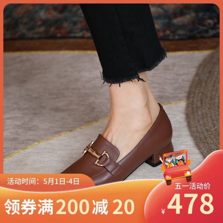 Small leather shoes Feminism Inn Wind 2022 New genuine leather retro square head One foot pedal Lefu shoes Spring and autumn coarse heel Single shoe