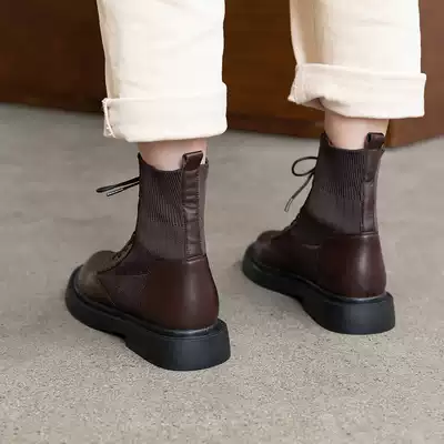 Martin boots female English style 2021 autumn and winter new leather flat boots Joker black plus velvet short boots women