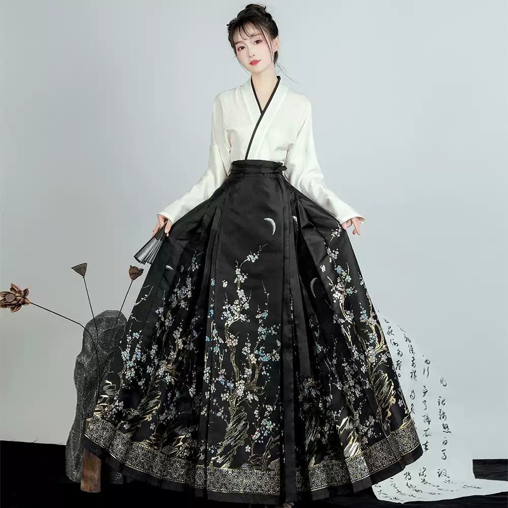明製馬面裙黑色日常女織金螺鈿工藝月下梅漢服飛機袖-Taobao-Tmall