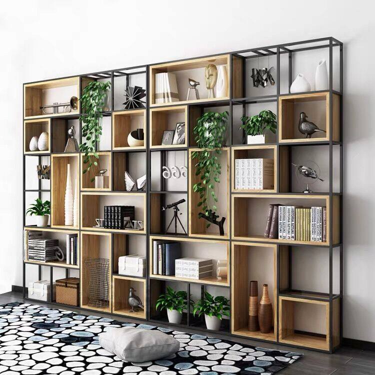 Iron Art Partition Shelf Nordic Creative Minima Living Room Dining Room Dining Room Floor Screen Bookshelf Multilayer Solid Wood Containing Layer Shelf