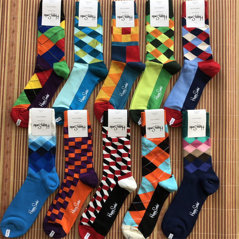 Happy Men's Socks with Checkerboard Pattern, Mid-Calf Fashion Trendy Socks, Gradient Color Versatile Street Style Trendy Brand Socks