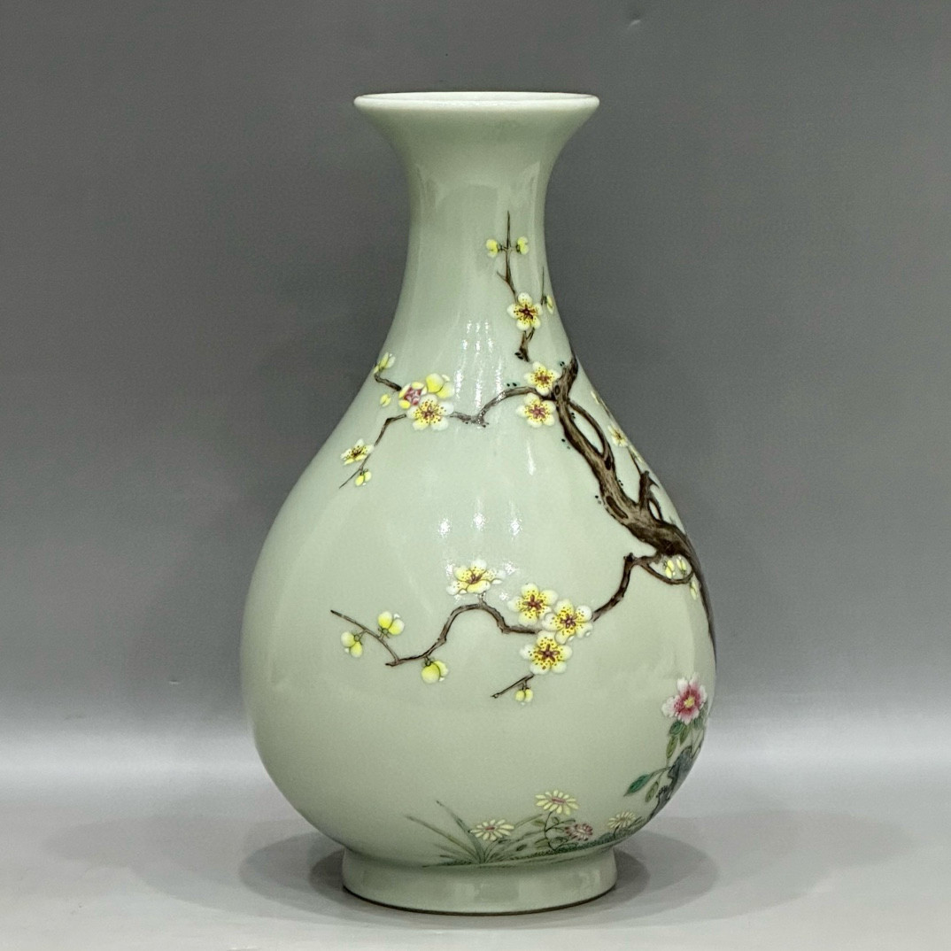 清代乾隆豆青釉加粉彩梅花纹玉壶春瓶古董珍藏珍品老货大开门放漏