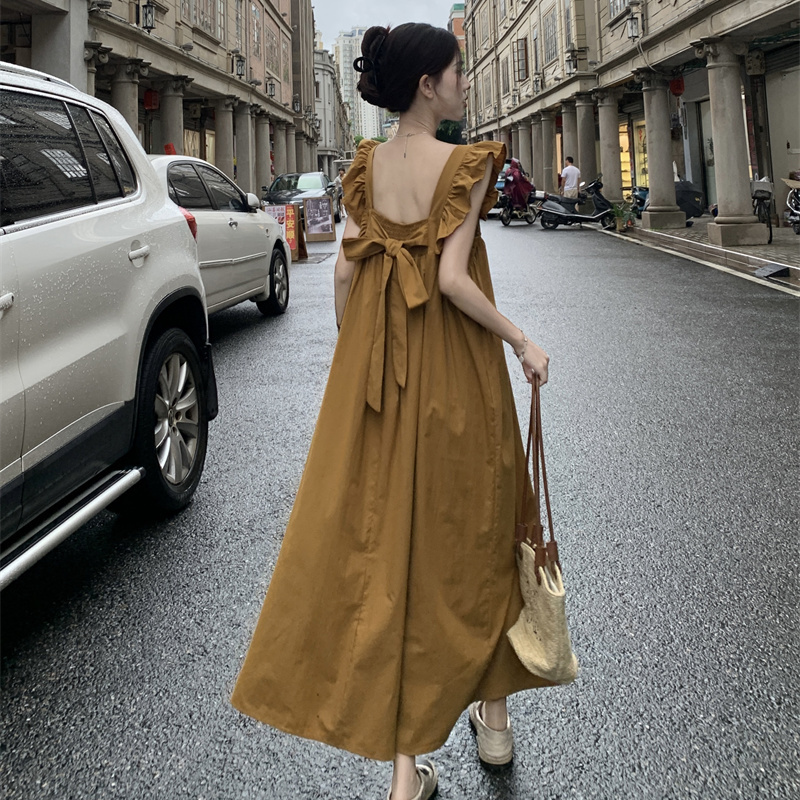 Gentle Style Lace-Up Bow Dress for Women, Summer Sweet Little Flutter Sleeves, Elegant Waist-Cinching Slimming A-Line Long Dress