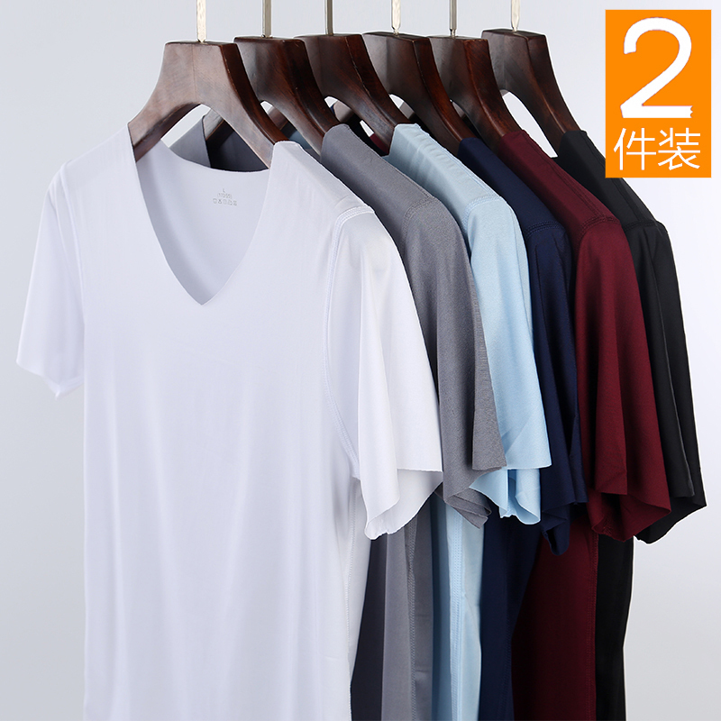 2 Pieces of Ice Silk Seamless Underwear for Men, Summer Thin Style, Slim Fit Short-Sleeve T-Shirt for Young Men, Quick-Drying V-Neck Undershirt